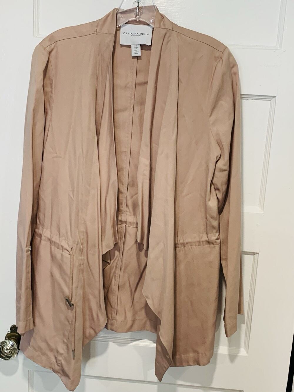 Carolina Belle Pink Nude Tan Open Drape Front Cinch Waist Jacket, Size Medium